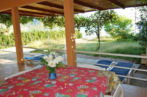 Terrasse und Gartenbereich mit Grill im Ferienhaus Eleni